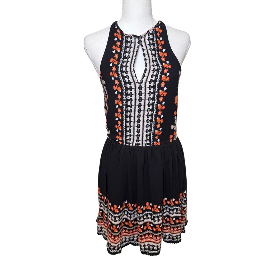 Miami Black Orange Boho Border Print Halter Dress Keyhole Fit & Flare